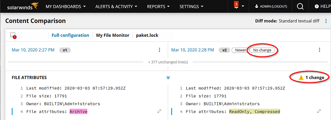 File attribute changes visible in on the Content Comparison page even when no other changes present